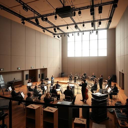Interior view of Studio D, a large studio designed for film scoring with ample space for an orchestra